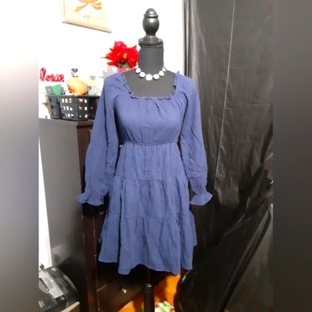 Women's Juniors Baby Doll Tunic Navy Blue Ruffled Cottage Core 10y-11y (XL)
